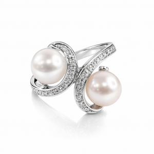 18ct white gold diamond swirl ring with pearls