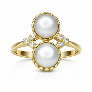 9ct yellow gold ring with twin pearls and diamonds