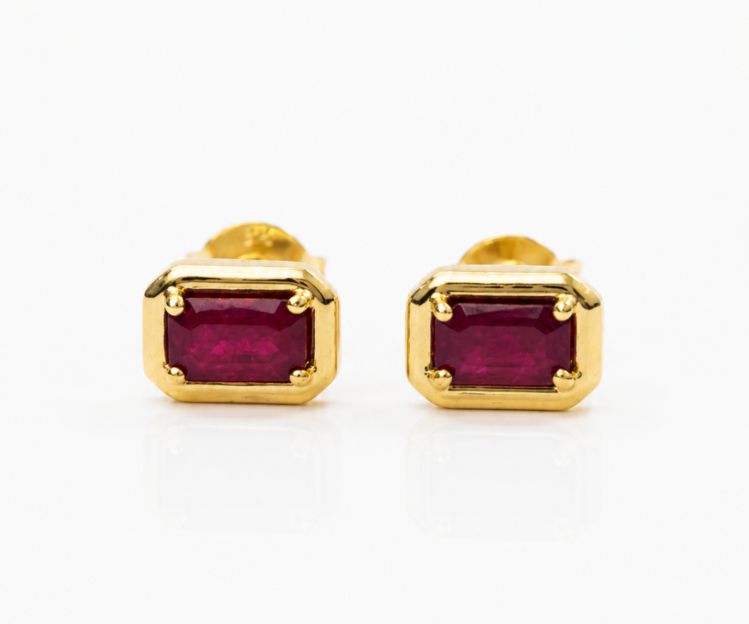 9ct yellow gold emerald cut ruby earrings