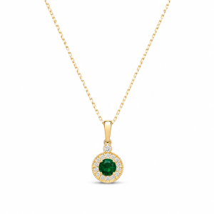 9ct Yellow Gold Emerald & Diamond Halo Pendant Necklace