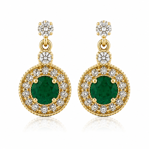 9ct yellow gold emerald and diamond halo drop earrings