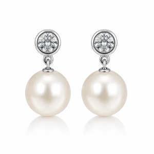 9ct white gold diamond and pearl drop earrings