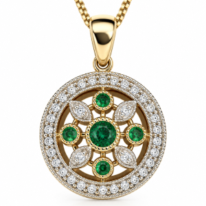 9ct yellow gold diamond and emerald necklace